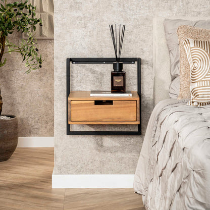 Nachttisch AIR SOLID Schwebende Industrial-Konsole mit Massivholz-Schublade Akazienholz Natur