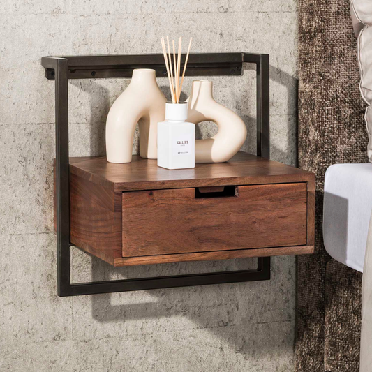 Nachttisch AIR SOLID Schwebende Industrial-Konsole mit Massivholz-Schublade Driftbraun