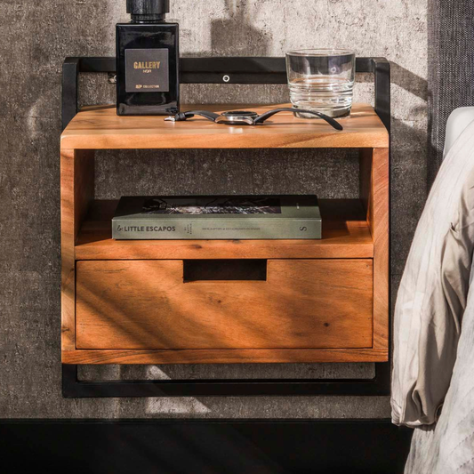 Nachttisch AIR SOLID Schwebende Konsole mit offenem Fach & Schublade Akazienholz Natur