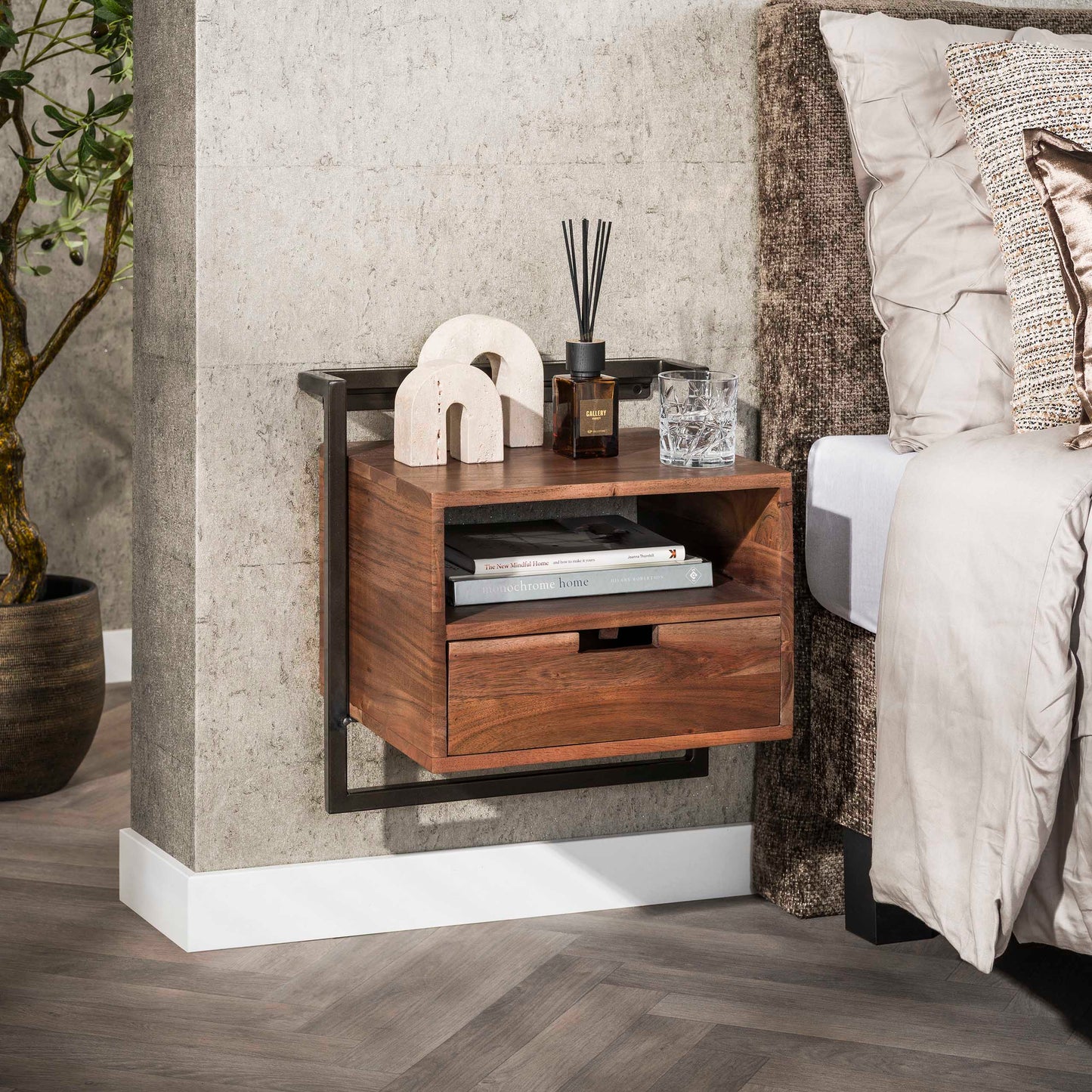 Nachttisch AIR SOLID Schwebende Konsole mit offenem Fach & Schublade Driftbraun