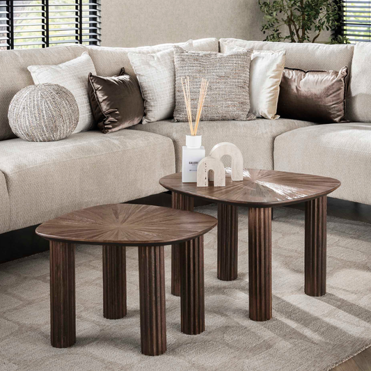 Couchtisch-Set MAYA 2-teiliges Teakholz-Set mit Strahlenmuster & Rillen-Design