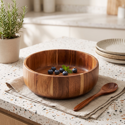 Servierschüssel Tiefe Massivholz-Salatschüssel in Block-Optik Akazie Holz Ø 22 cm
