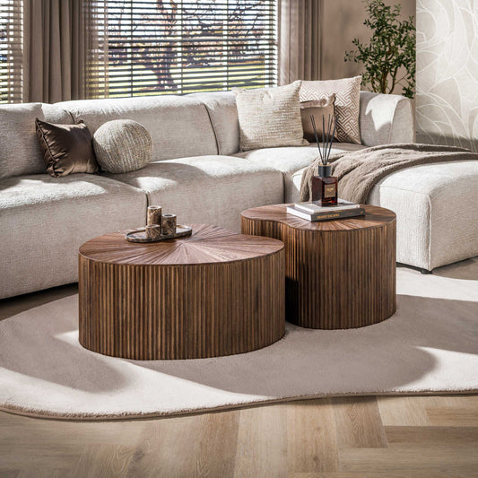 Couchtisch-Set MAYA 2-teiliges Teakholz-Set in Nierenform mit Rillen-Design