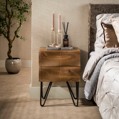 Nachttisch OCEAN WAVES Massivholz-Konsole mit 2 Schubladen, 3D-Wellenfront & Hairpin-Beinen