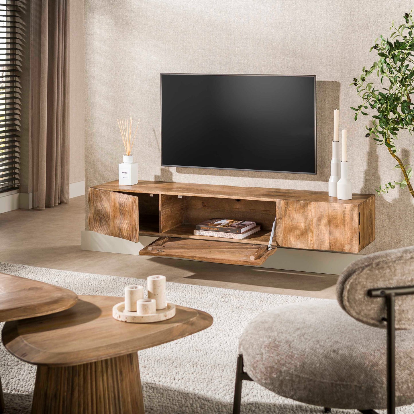 TV-Schrank MAREA 2-in-1 Massivholz-Lowboard mit 3D-Wellenfront Hairpin-Legs 160cm