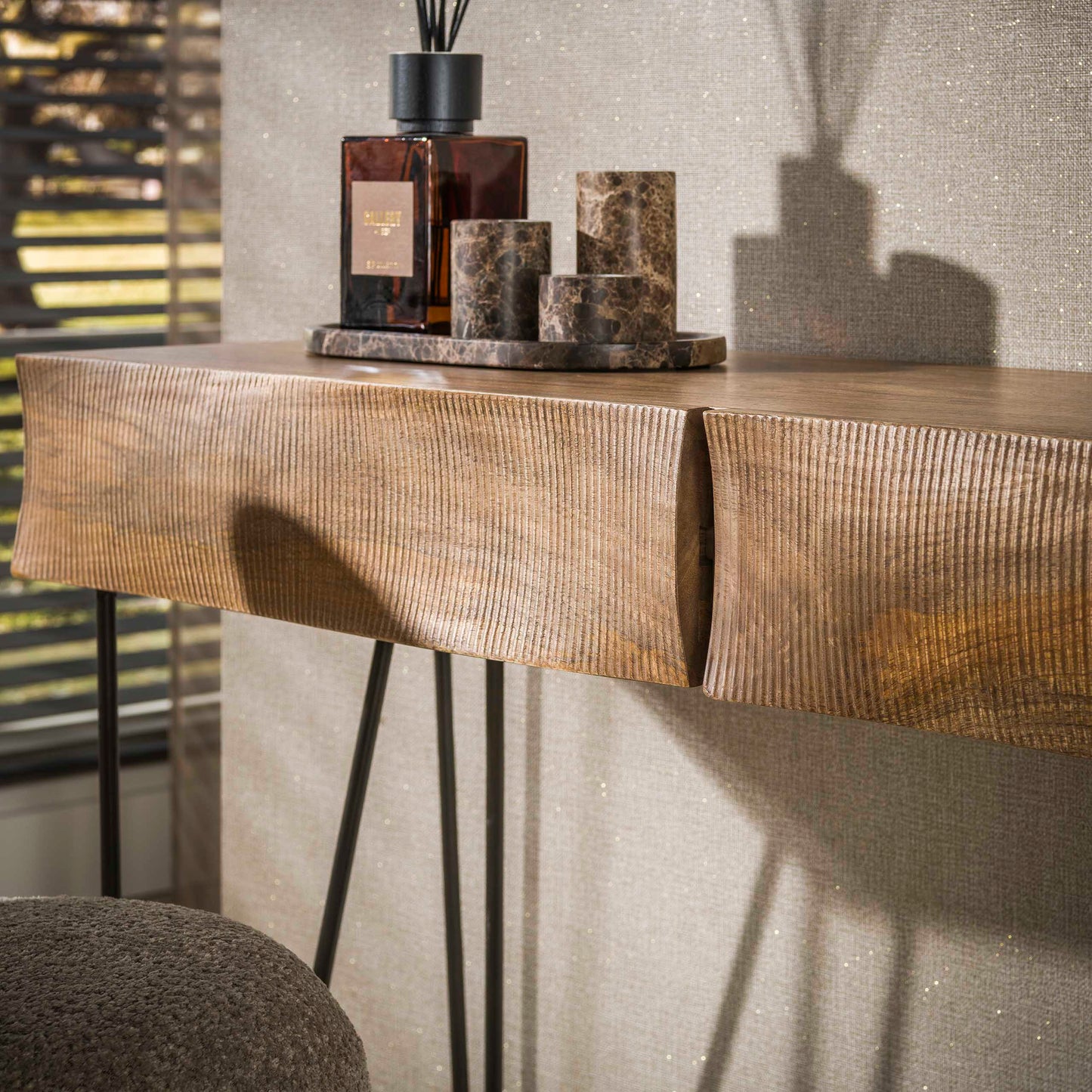 Konsolentisch OCEAN WAVES Massivholz-Konsole mit 3D-Wellenfront & Hairpin-Beinen 120 cm