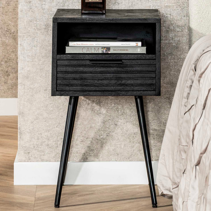 Nachttisch MARINA BLACK Moderne Nachtkonsole aus massivem Mangoholz im All-Black-Look 35 cm