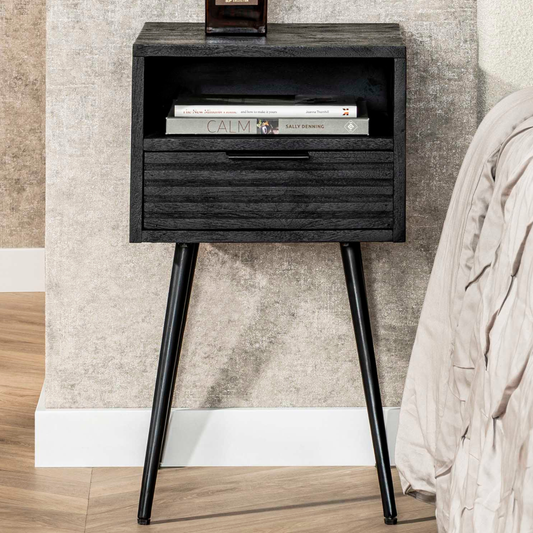 Nachttisch MARINA BLACK Moderne Nachtkonsole aus massivem Mangoholz im All-Black-Look 35 cm