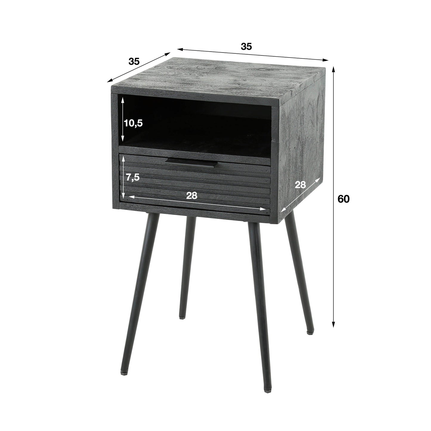 Nachttisch MARINA BLACK Moderne Nachtkonsole aus massivem Mangoholz im All-Black-Look 35 cm