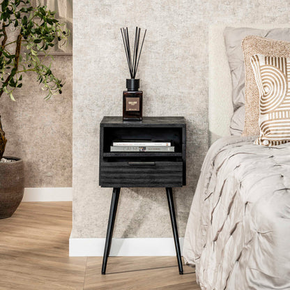 Nachttisch MARINA BLACK Moderne Nachtkonsole aus massivem Mangoholz im All-Black-Look 35 cm
