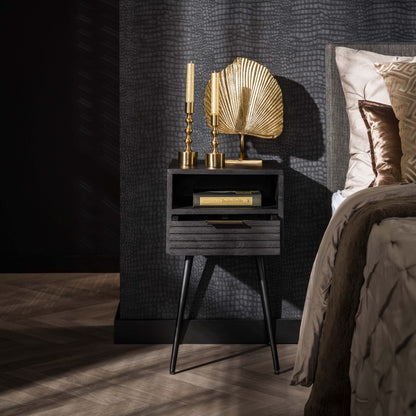 Nachttisch MARINA BLACK Moderne Nachtkonsole aus massivem Mangoholz im All-Black-Look 35 cm