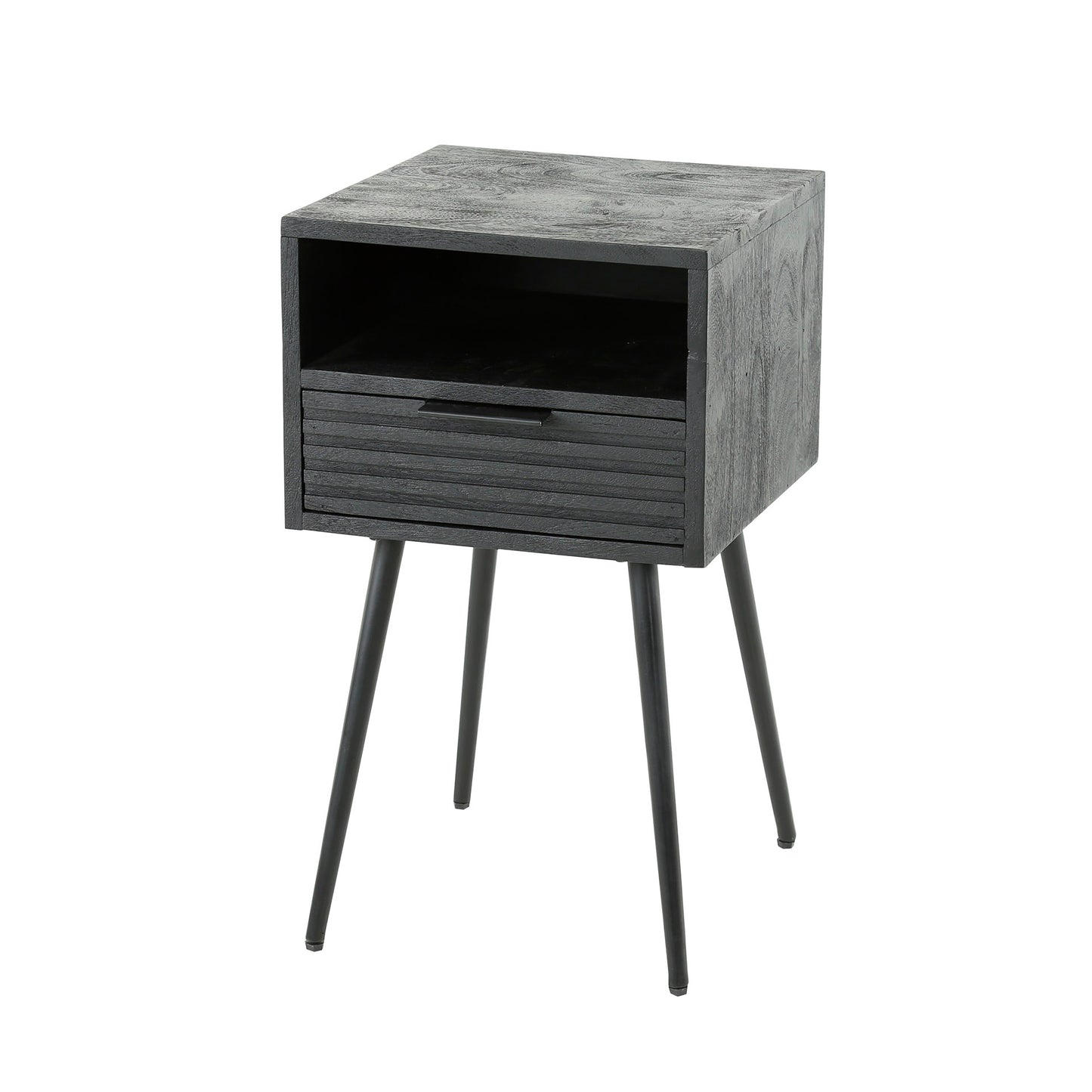 Nachttisch MARINA BLACK Moderne Nachtkonsole aus massivem Mangoholz im All-Black-Look 35 cm