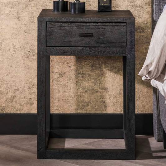 Nachttisch BLACK SQUARE Kubische Massivholz-Konsole im All-Black-Look 35 cm