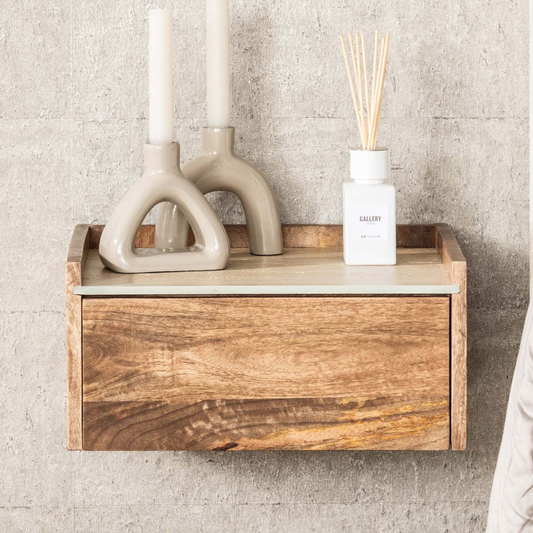 Nachttisch NUOVO TRAVERTIN Schwebende Massivholz-Konsole mit Keramikplatte in Travertin-Optik 40 cm