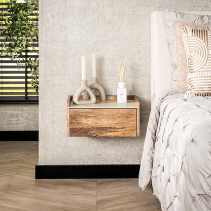 Nachttisch NUOVO TRAVERTIN Schwebende Massivholz-Konsole mit Keramikplatte in Travertin-Optik 40 cm