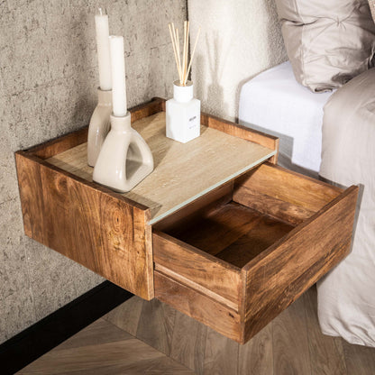 Nachttisch NUOVO TRAVERTIN Schwebende Massivholz-Konsole mit Keramikplatte in Travertin-Optik 40 cm