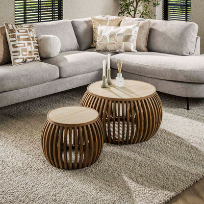 Couchtisch-Set ALBA FERA Bauchige Design-Satztische mit Travertin-Keramik