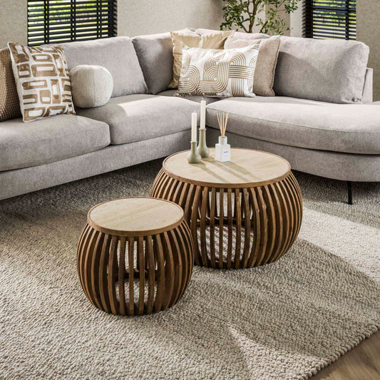Couchtisch-Set ALBA FERA Bauchige Design-Satztische mit Travertin-Keramik