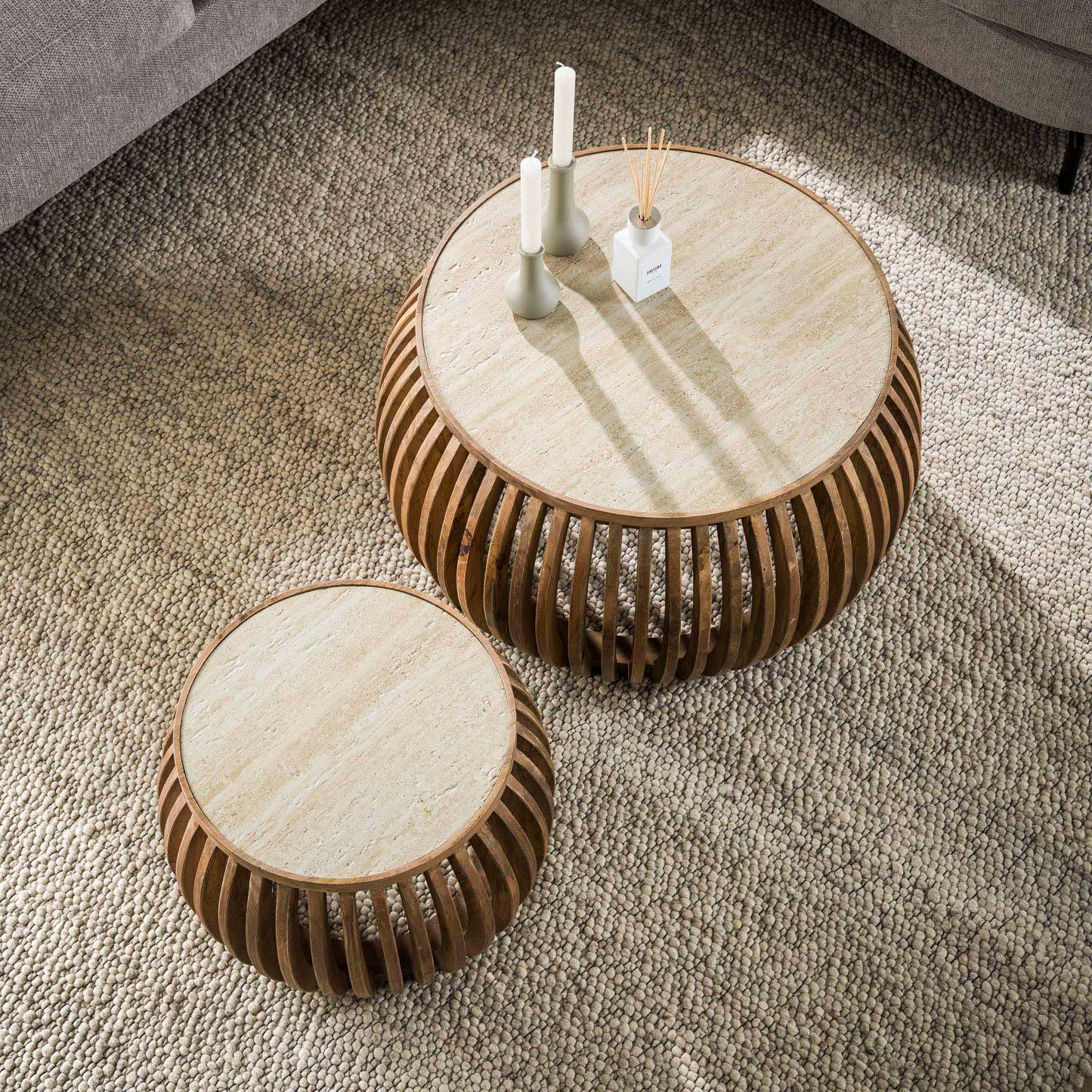 Couchtisch-Set ALBA FERA Bauchige Design-Satztische mit Travertin-Keramik