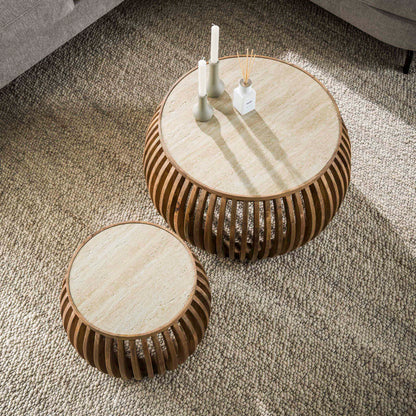 Couchtisch-Set ALBA FERA Bauchige Design-Satztische mit Travertin-Keramik