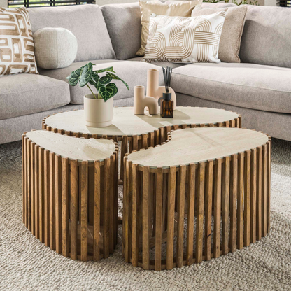 Couchtisch-Set LORETO ORGANIC  3-teilige Satztische mit Travertin-Keramik