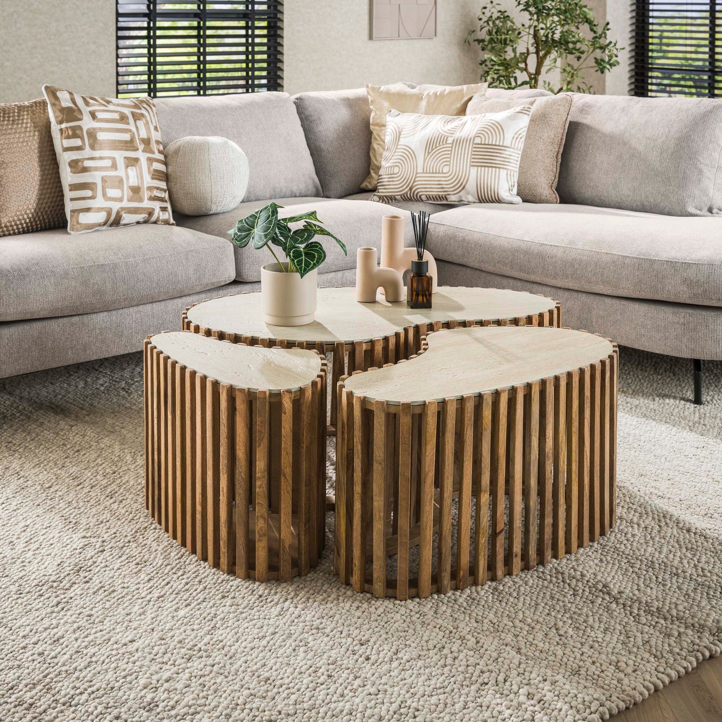Couchtisch-Set LORETO ORGANIC  3-teilige Satztische mit Travertin-Keramik