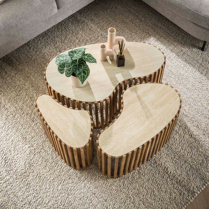 Couchtisch-Set LORETO ORGANIC  3-teilige Satztische mit Travertin-Keramik