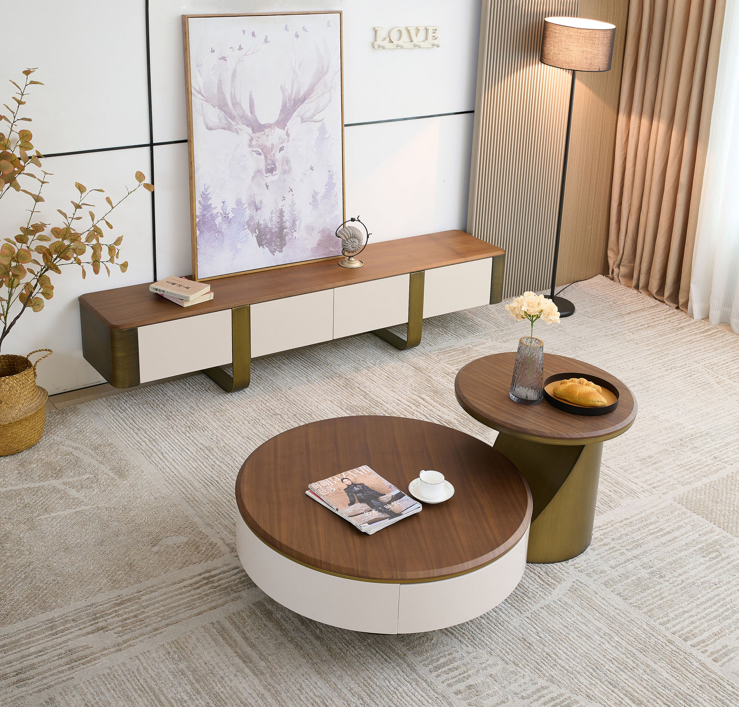 Edles Couchtisch Set 2er Set mit Braun Holz Design 90x35cm