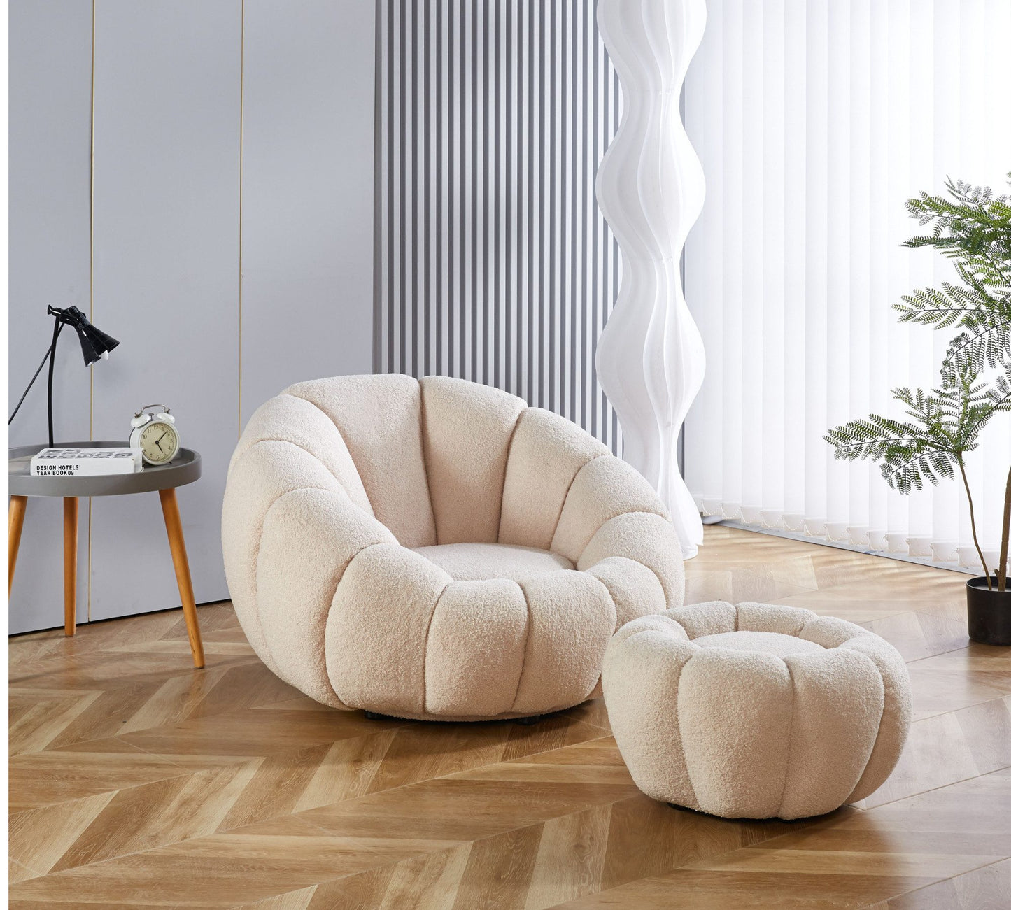 Drehsessel Kürbis Sessel 360° Drehfunktion Relaxsessel inkl. Hocker Beige