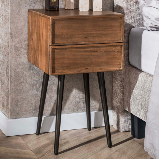Nachttisch FRAME DRIFTWOOD Massivholz-Konsole mit 2 Schubladen & Bronze-Gestell 61 cm
