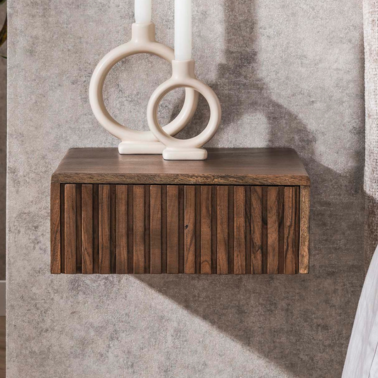 Nachttisch-Set CARVE DRIFTWOOD 2 schwebende Massivholz-Konsolen mit 3D-Rillenfront Driftbraun