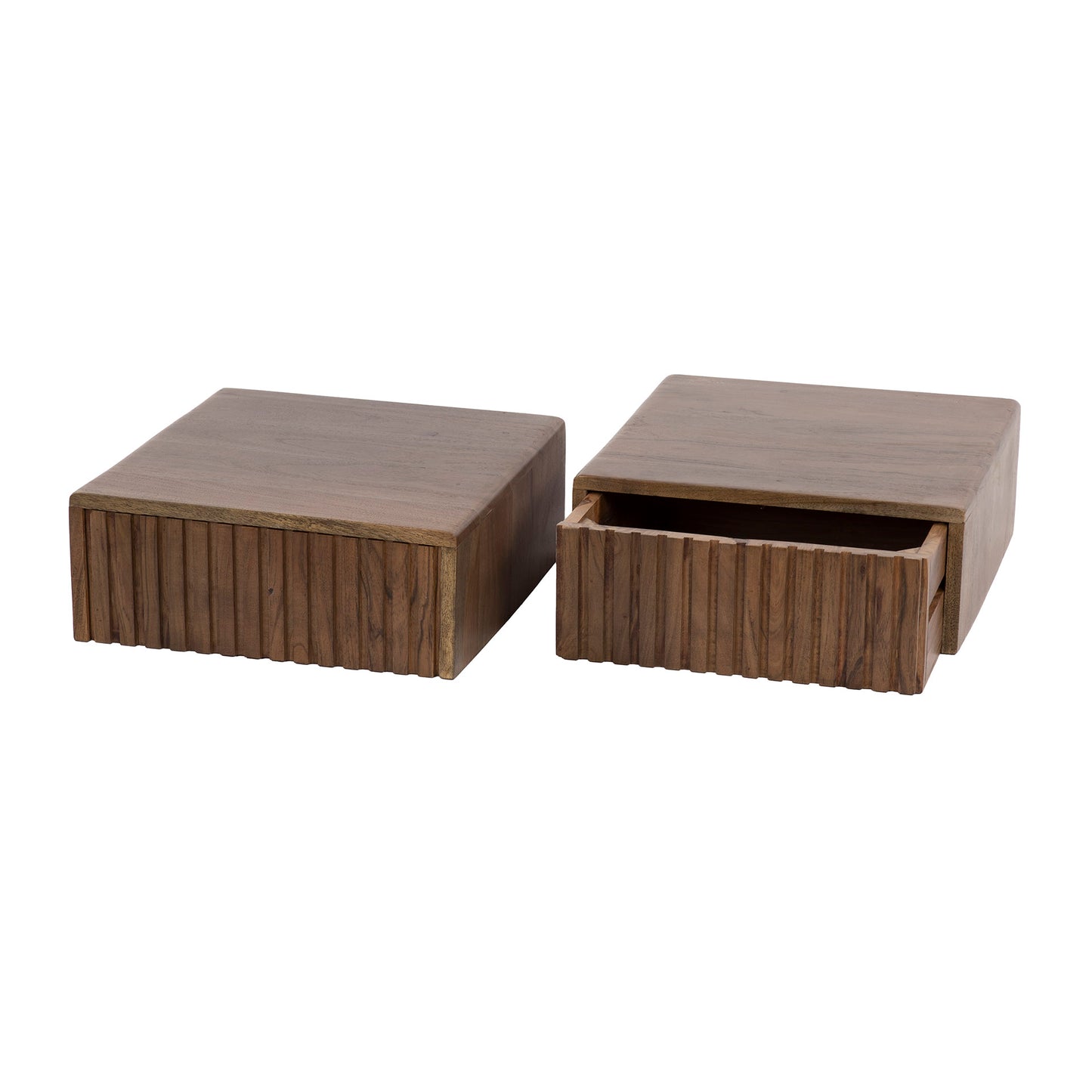 Nachttisch-Set CARVE DRIFTWOOD 2 schwebende Massivholz-Konsolen mit 3D-Rillenfront Driftbraun