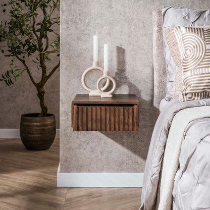 Nachttisch-Set CARVE DRIFTWOOD 2 schwebende Massivholz-Konsolen mit 3D-Rillenfront Driftbraun