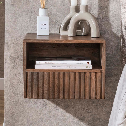 Nachttisch CARVE DRIFTWOOD Schwebende Massivholz-Konsole mit 3D-Rillenfront & offenem Fach 35 cm