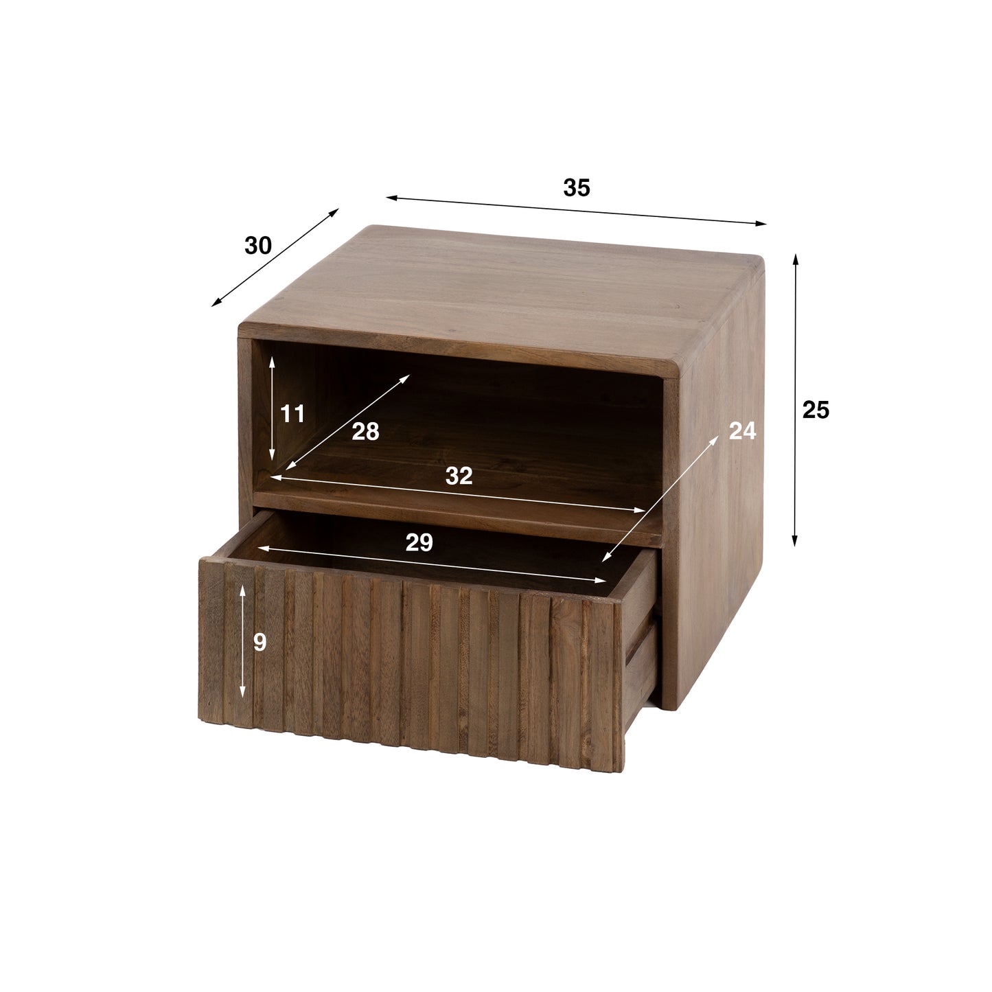 Nachttisch CARVE DRIFTWOOD Schwebende Massivholz-Konsole mit 3D-Rillenfront & offenem Fach 35 cm