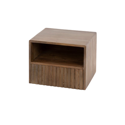 Nachttisch CARVE DRIFTWOOD Schwebende Massivholz-Konsole mit 3D-Rillenfront & offenem Fach 35 cm
