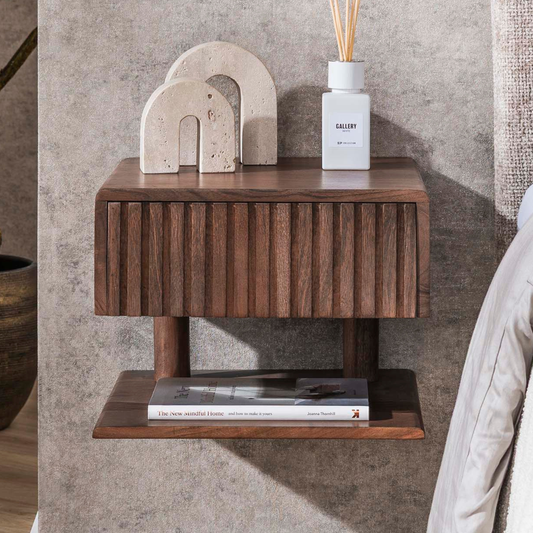 Nachttisch CARVE SHELVE Schwebende Massivholz-Konsole mit 3D-Rillenfront & Ablageboard 35 cm