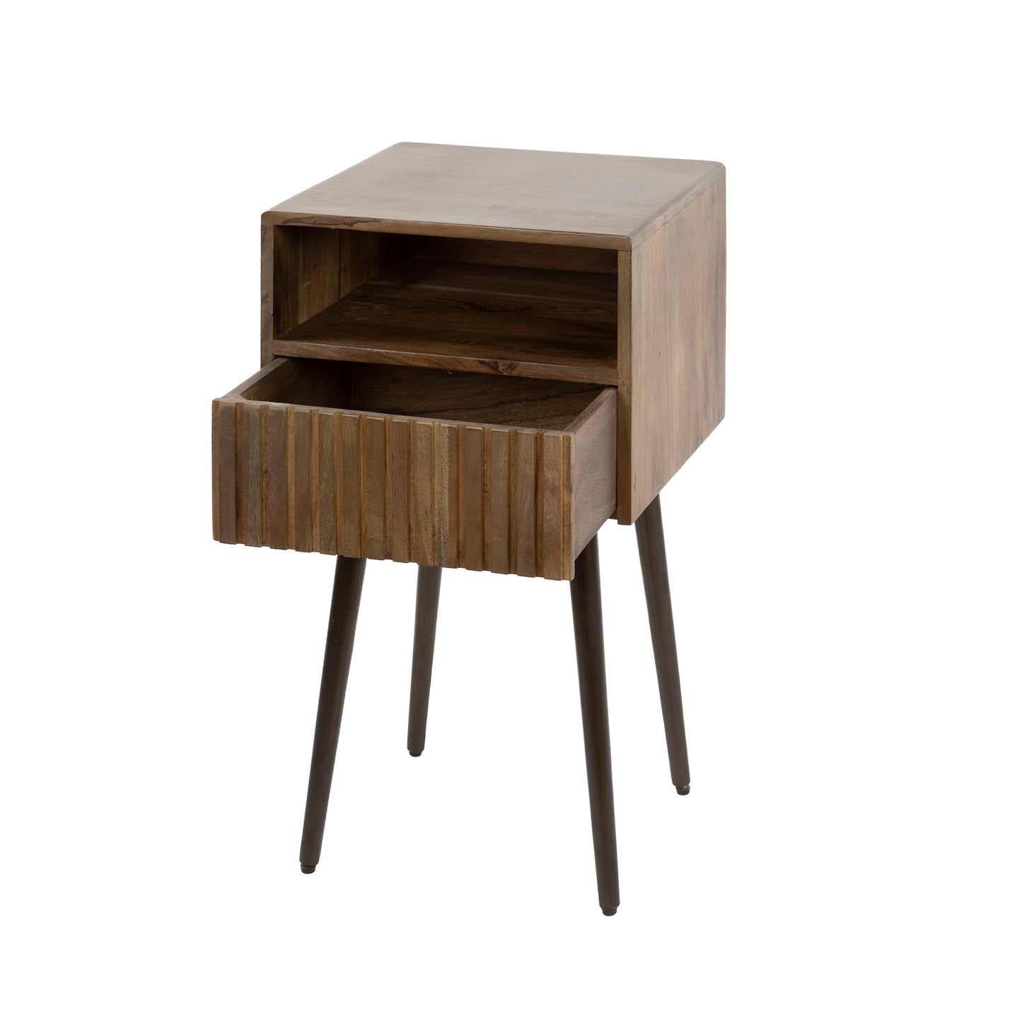 Nachttisch CARVE DRIFTWOOD Massivholz-Konsole mit 3D-Rillenfront, offenem Fach & Bronze-Gestell 61 cm