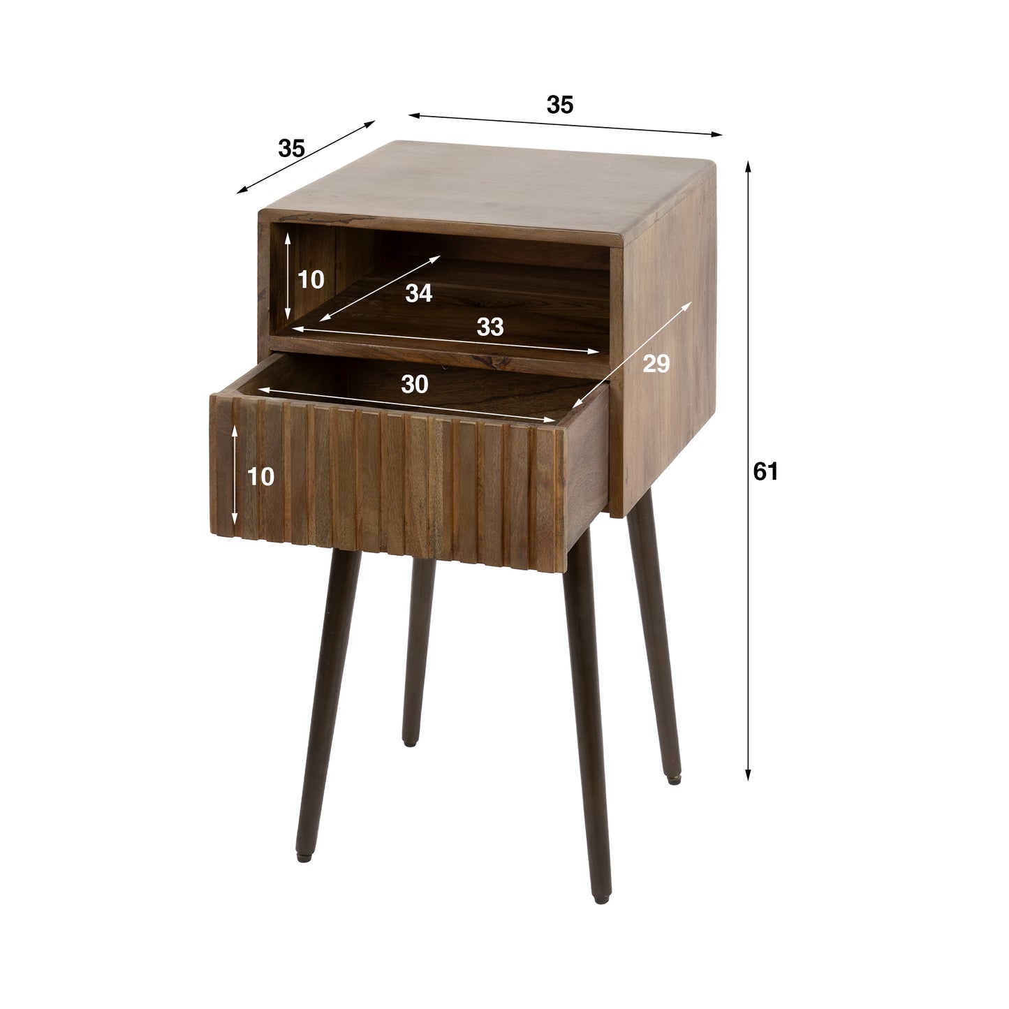 Nachttisch CARVE DRIFTWOOD Massivholz-Konsole mit 3D-Rillenfront, offenem Fach & Bronze-Gestell 61 cm