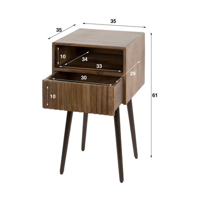 Nachttisch CARVE DRIFTWOOD Massivholz-Konsole mit 3D-Rillenfront, offenem Fach & Bronze-Gestell 61 cm