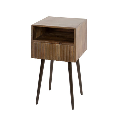 Nachttisch CARVE DRIFTWOOD Massivholz-Konsole mit 3D-Rillenfront, offenem Fach & Bronze-Gestell 61 cm