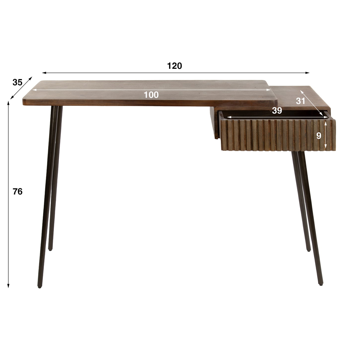 Konsolentisch CARVE DRIFTWOOD Asymmetrischer Massivholz-Tisch mit 3D-Rillenfront 120 cm