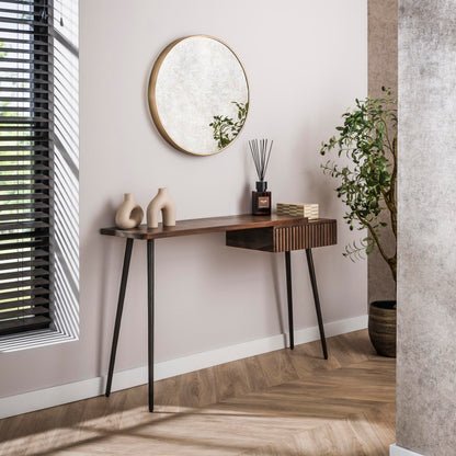 Konsolentisch CARVE DRIFTWOOD Asymmetrischer Massivholz-Tisch mit 3D-Rillenfront 120 cm