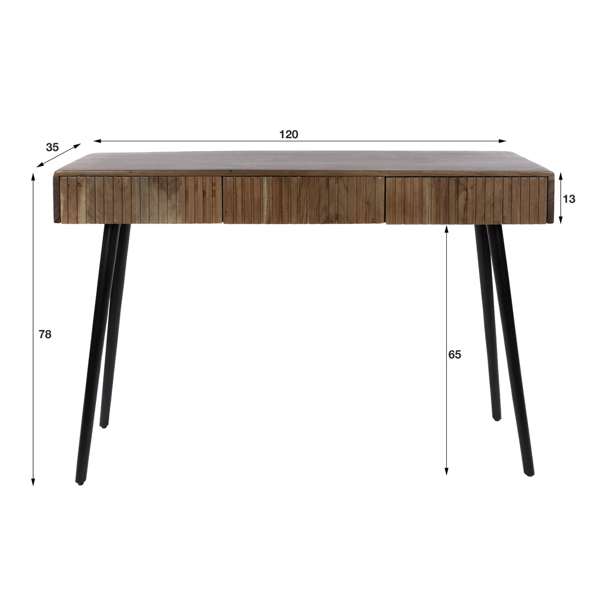 Konsolen & Schminktisch CARVE Massivholz Akazie mit 3 geriffelten Schubladen und Metallgestell