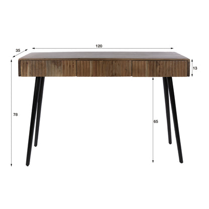 Konsolen & Schminktisch CARVE Massivholz Akazie mit 3 geriffelten Schubladen und Metallgestell