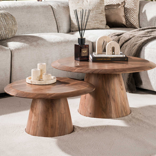 Couchtisch Set TONDO 2-teiliges Massivholz-Duo mit konischem Säulenfuß