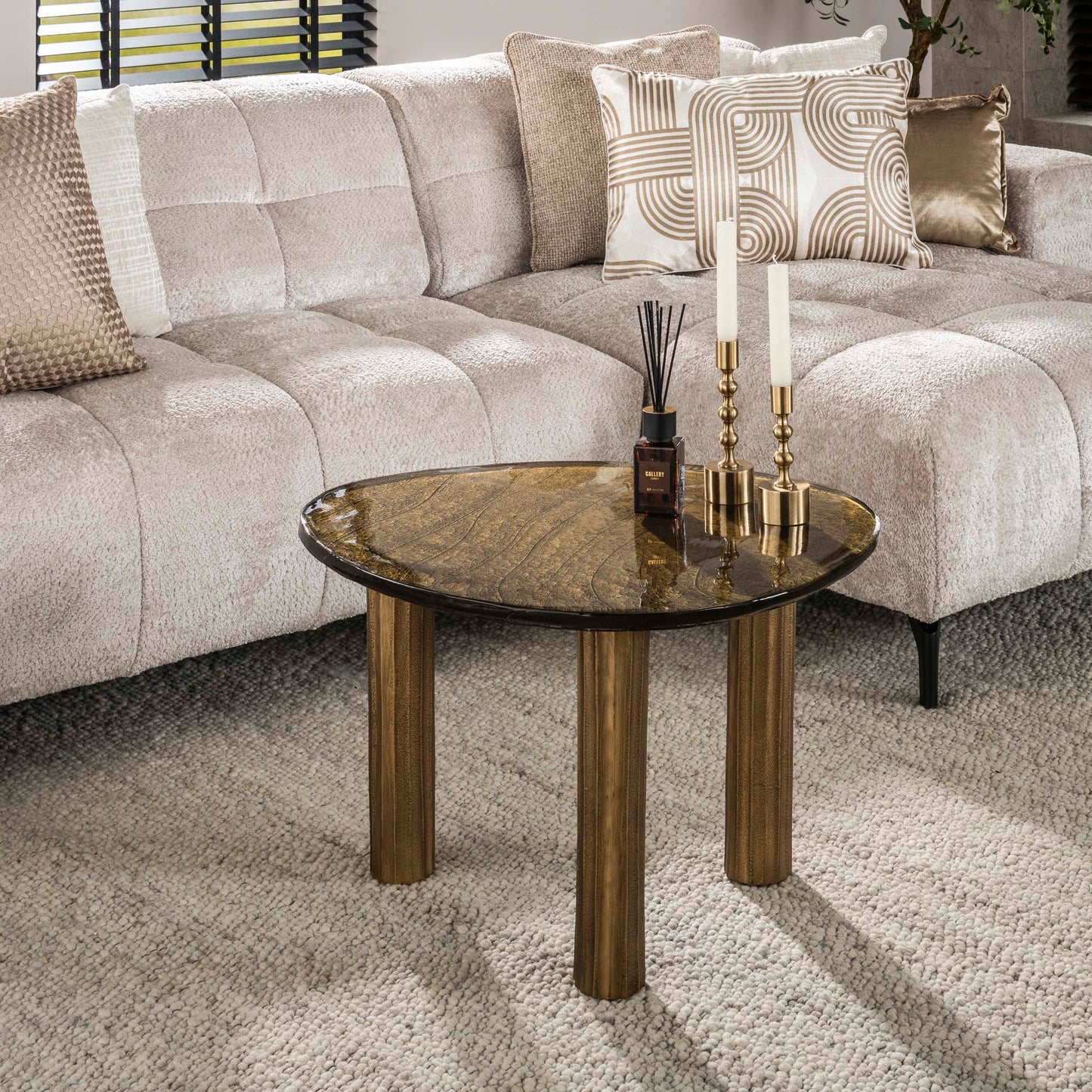 Couchtisch ECLIPSE LUCA Größe L Organischer Gussglas-Tisch in Antik-Optik Gold