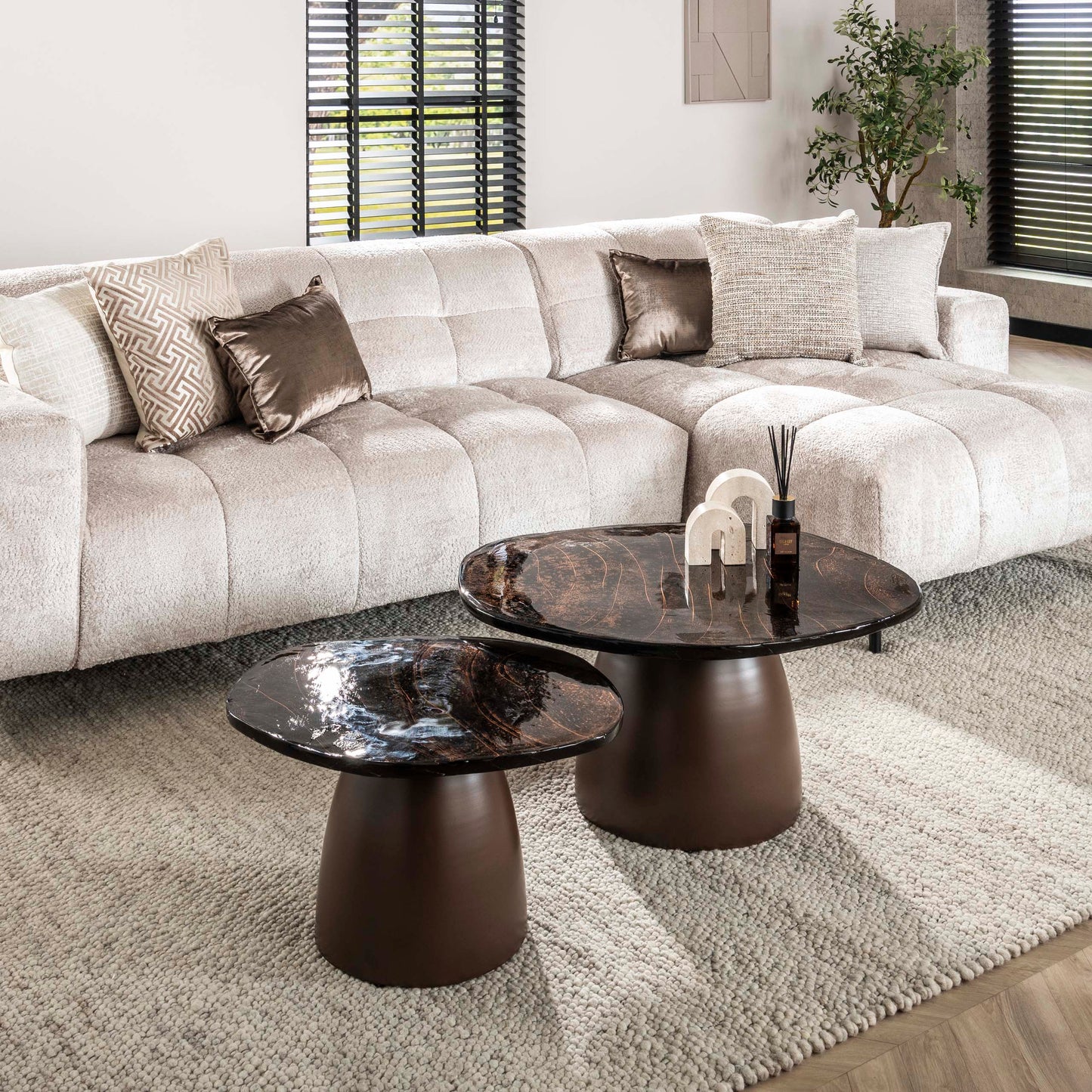 Couchtisch-Set ECLIPSE ORGANICO 2-teilige Glastische mit Gussglas & Metallfuß Antikkupfer