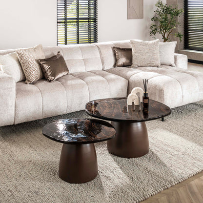 Couchtisch-Set ECLIPSE ORGANICO 2-teilige Glastische mit Gussglas & Metallfuß Antikkupfer