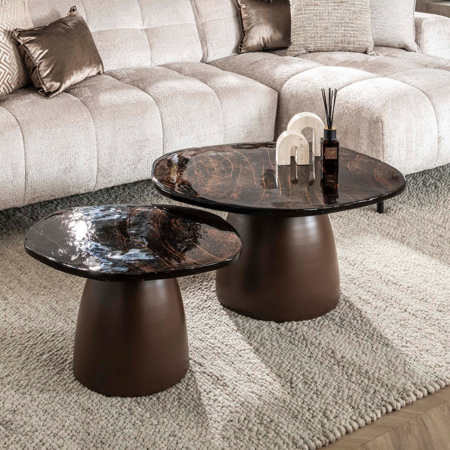 Couchtisch-Set ECLIPSE ORGANICO 2-teilige Glastische mit Gussglas & Metallfuß Antikkupfer